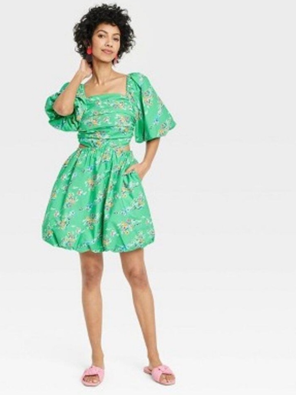 🍾NWT a.new.day Green Floral Puff-Sleeve cut out bubble a line Mini Dress, SizeXS - Picture 2 of 6